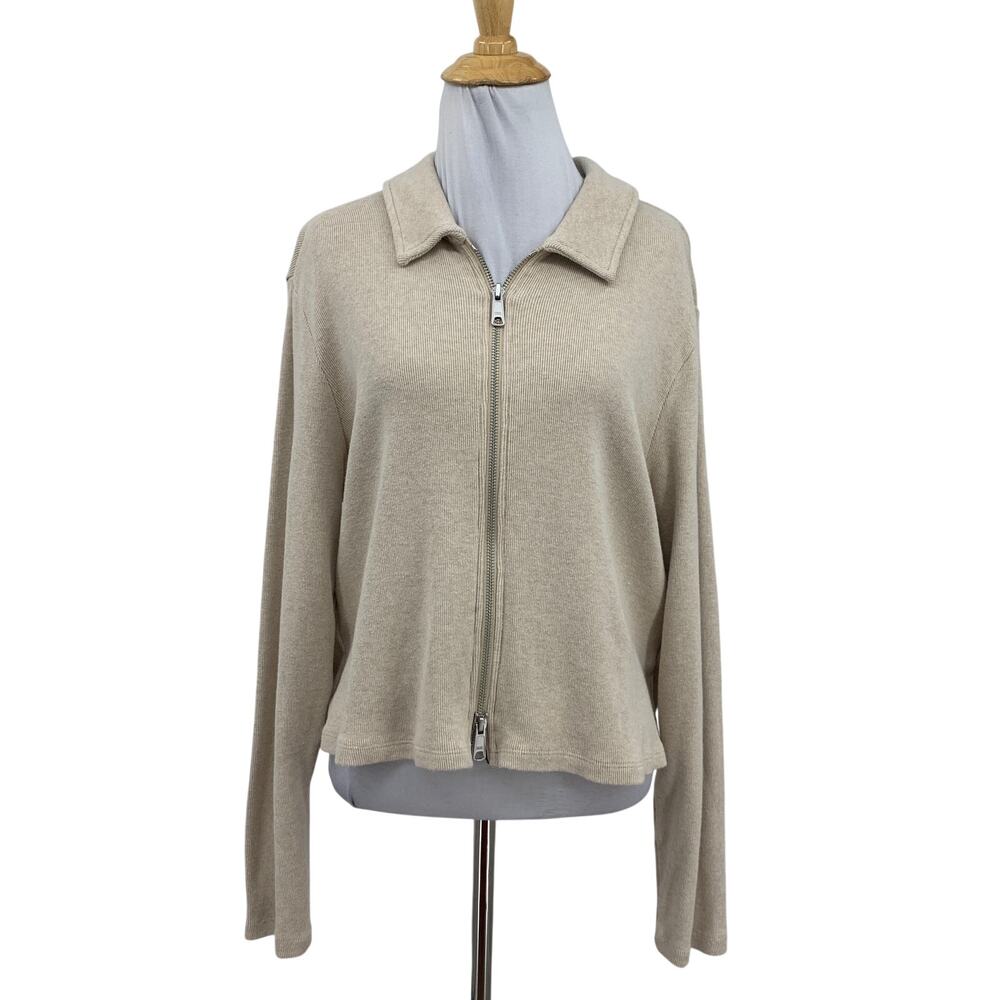 Madewell Tee Womens XL Extra Large Beige Ribbed Zip Front Cotton Crop Collared